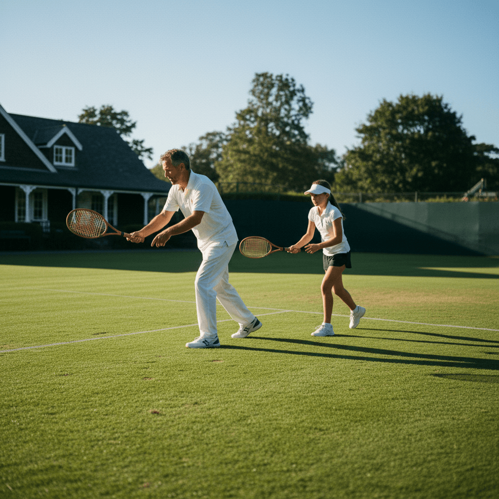 Tennis coach demonstrating technique with student on grass court