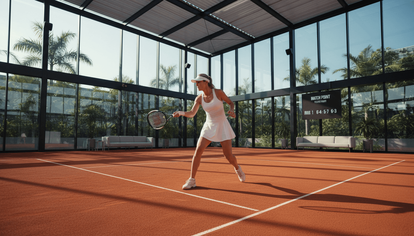 Elite racket sports player executing a precise shot on a professional court in a world-class training facility