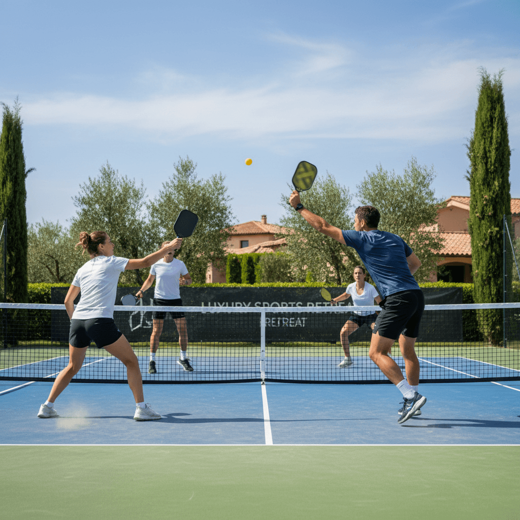 Pickleball players engaged in competitive rally on a European premium court with authentic match action