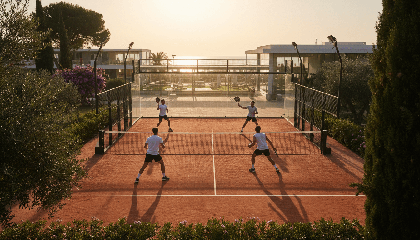 Professional padel court during golden hour with diverse players in competitive match play at a European luxury resort