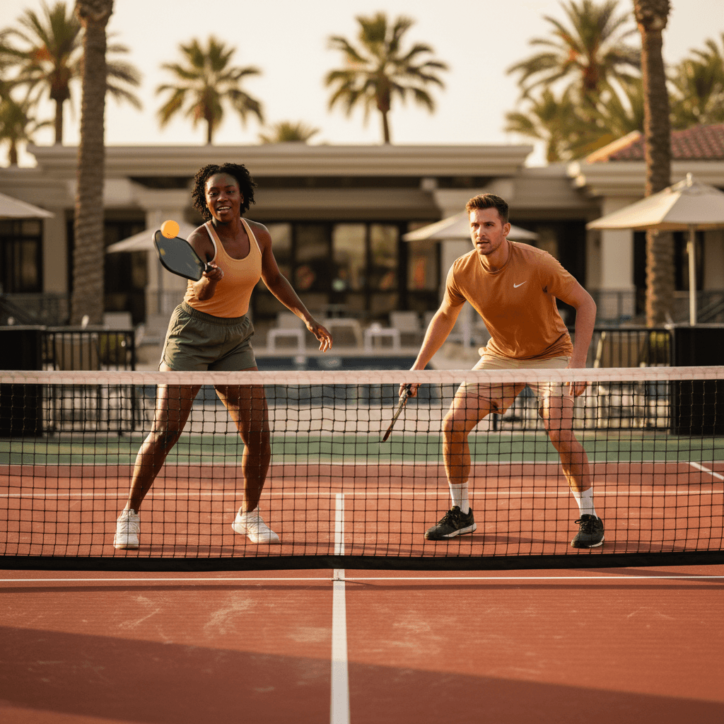 Pickleball players executing volley during golden hour